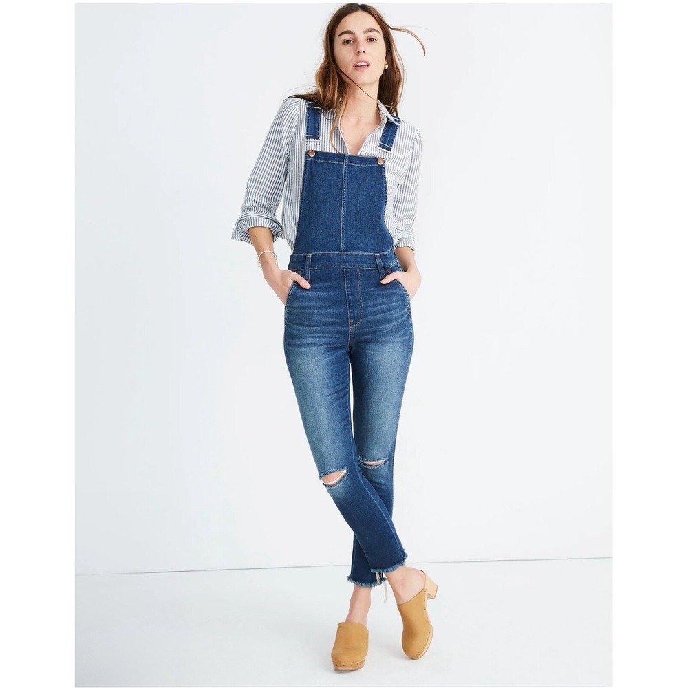 Madewell‎ Roadtripper Denim Overalls Jeans Side Zip Ripped Knee Raw Hem Size S